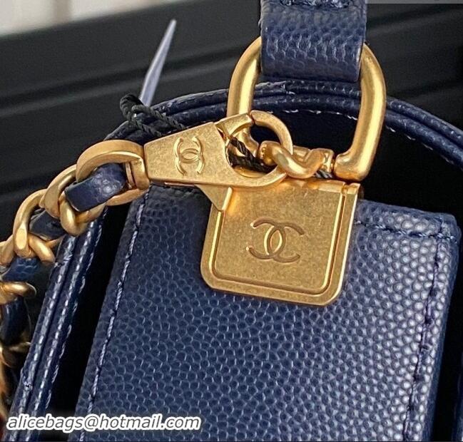 Best Price Chanel Grained Shiny Calfskin Small Flap bag with Top Handle AS5166 Navy Blue 2024