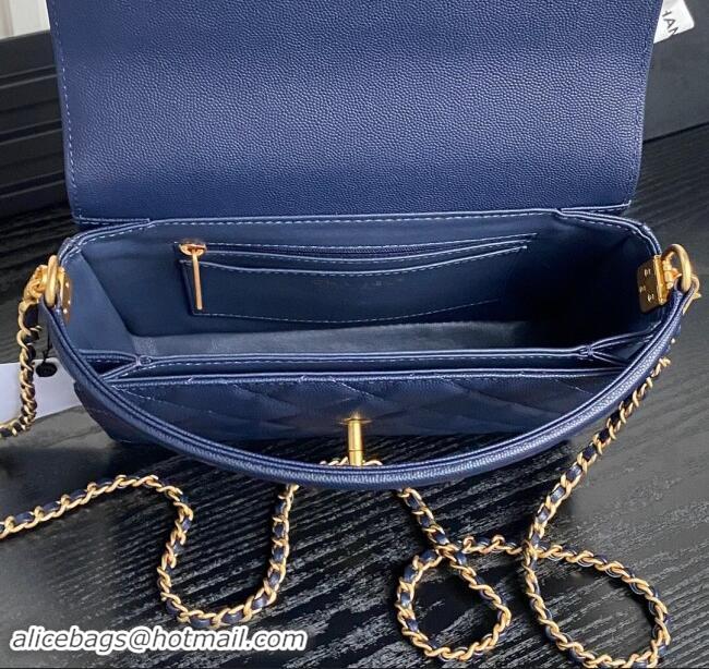 Best Price Chanel Grained Shiny Calfskin Small Flap bag with Top Handle AS5166 Navy Blue 2024