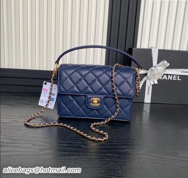 Best Price Chanel Grained Shiny Calfskin Small Flap bag with Top Handle AS5166 Navy Blue 2024