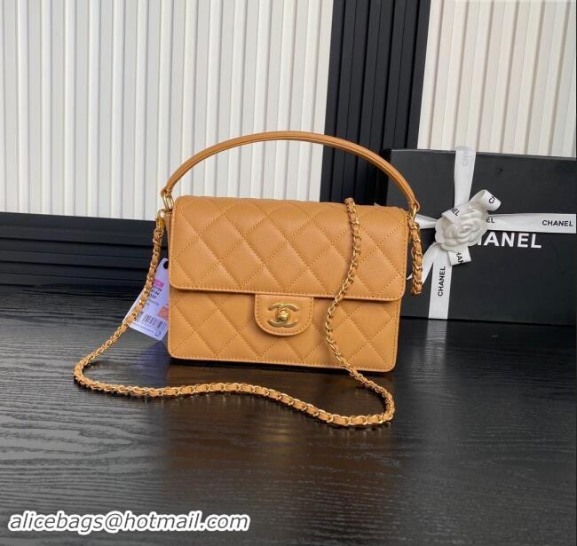 Grade Quality Chanel Grained Shiny Calfskin Small Flap bag with Top Handle AS5166 Yellow 2024