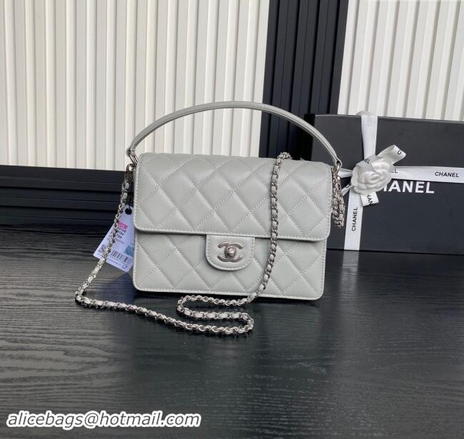 Modern Classic Chanel Grained Shiny Calfskin Small Flap bag with Top Handle AS5166 Grey 2024