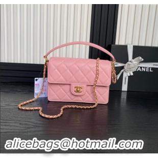 Inexpensive Chanel Grained Shiny Calfskin Small Flap bag with Top Handle AS5166 Light Pink 2024