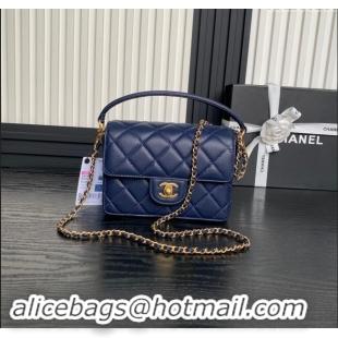 Market Sells Chanel Grained Shiny Calfskin Mini Flap bag with Top Handle AS5165 Navy Blue 2024