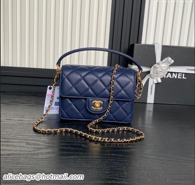 Market Sells Chanel Grained Shiny Calfskin Mini Flap bag with Top Handle AS5165 Navy Blue 2024