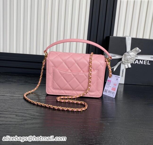 Shop Grade Chanel Grained Shiny Calfskin Mini Flap bag with Top Handle AS5165 Light Pink 2024