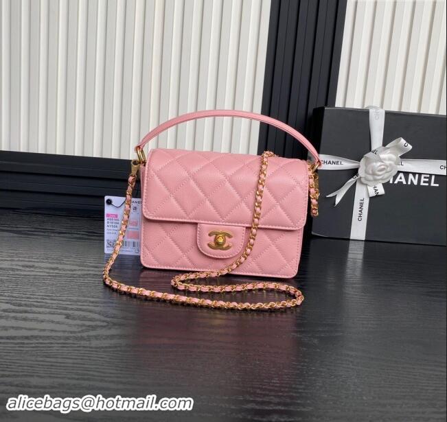 Shop Grade Chanel Grained Shiny Calfskin Mini Flap bag with Top Handle AS5165 Light Pink 2024