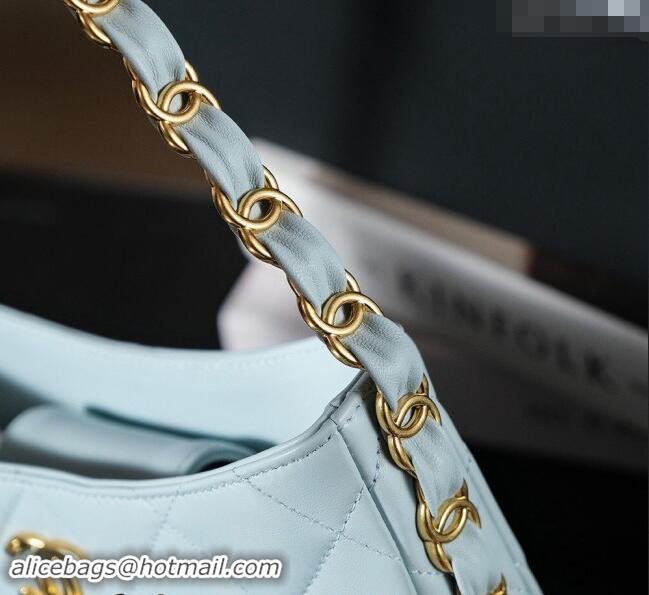 Unique Discount Chanel Lambskin Hobo Bag with CC Chain Strap AS5177 Light Blue 2024