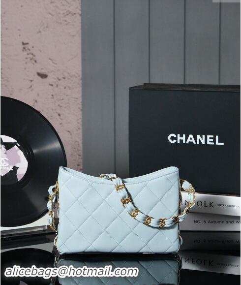 Unique Discount Chanel Lambskin Hobo Bag with CC Chain Strap AS5177 Light Blue 2024