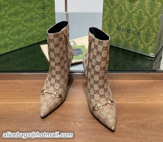 Inexpensive Gucci GG Canvas Ankle Boots 10.5cm with Horsebit Beige 1014059