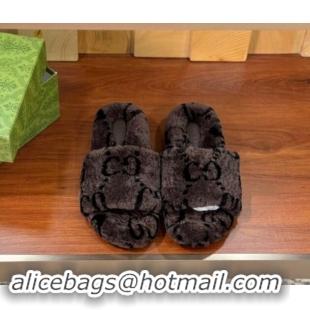 Grade Gucci Maxi GG Wool Platform Slides Sandal Brown 1014062