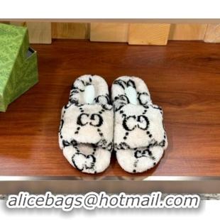 Grade Quality Gucci Maxi GG Wool Platform Slides Sandal White 014063