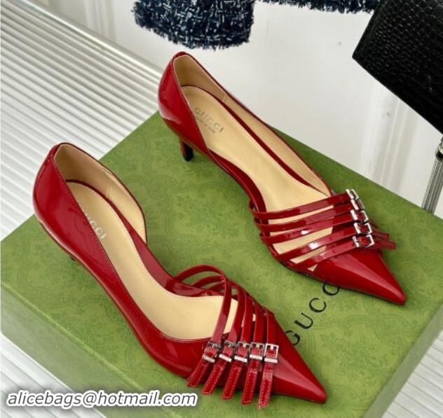 Luxurious Gucci Strappy Buckle Patent Leather Mid Pumps 6.5cm Red 1014069