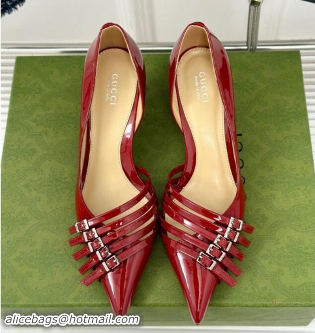 Luxurious Gucci Strappy Buckle Patent Leather Mid Pumps 6.5cm Red 1014069