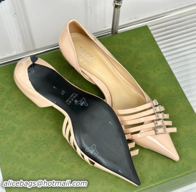 Luxury Discount Gucci Strappy Buckle Patent Leather Mid Pumps 6.5cm Beige 1014071