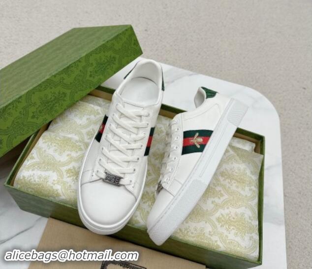 Best Product Gucci Ace Leather Sneakers with Bee Web White/Green 1014075