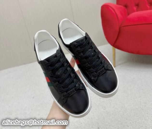 Luxury Cheap Gucci Ace Leather Sneakers with Web Black 1014076