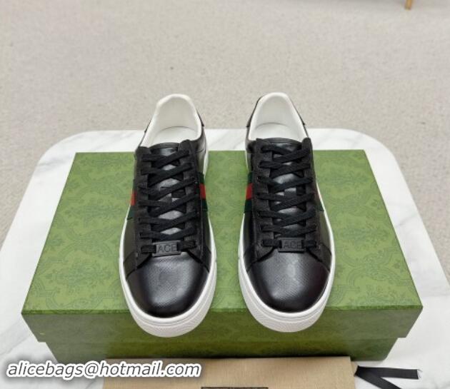 Luxury Cheap Gucci Ace Leather Sneakers with Web Black 1014076