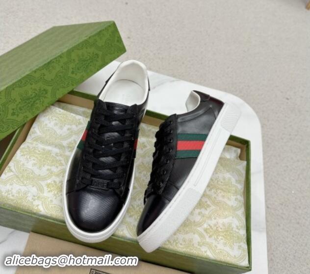 Luxury Cheap Gucci Ace Leather Sneakers with Web Black 1014076