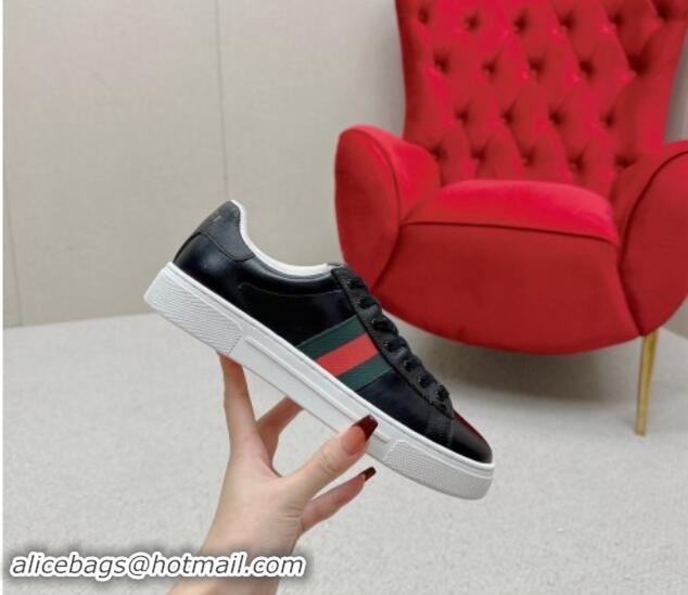 Luxury Cheap Gucci Ace Leather Sneakers with Web Black 1014076