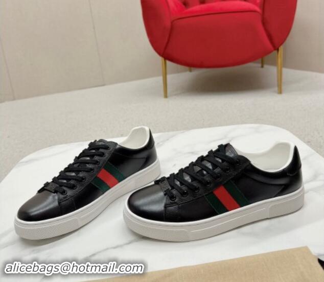 Luxury Cheap Gucci Ace Leather Sneakers with Web Black 1014076