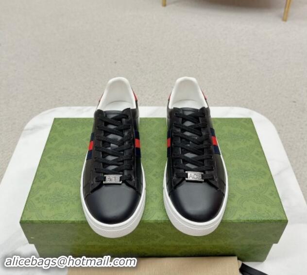 Popular Style Gucci Ace Leather Sneakers with Web Black/Red 1014077