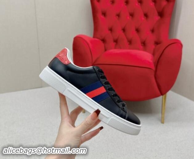 Popular Style Gucci Ace Leather Sneakers with Web Black/Red 1014077