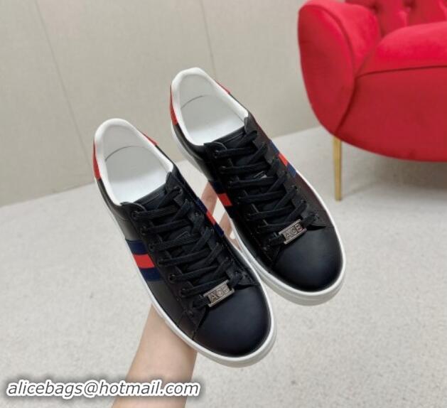 Popular Style Gucci Ace Leather Sneakers with Web Black/Red 1014077