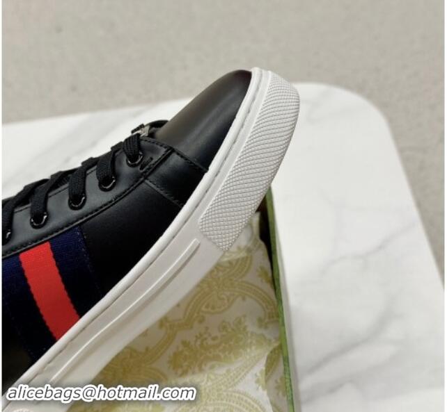 Popular Style Gucci Ace Leather Sneakers with Web Black/Red 1014077