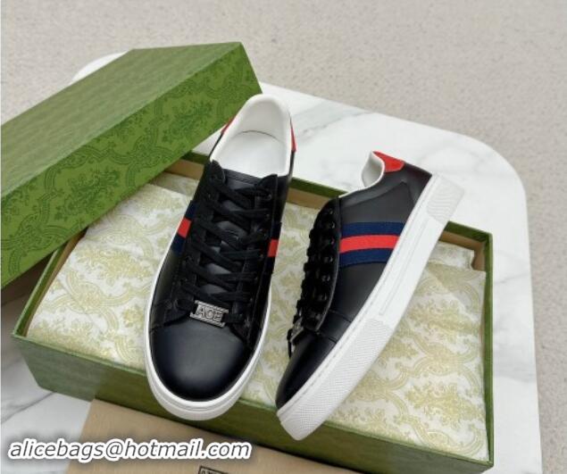 Popular Style Gucci Ace Leather Sneakers with Web Black/Red 1014077