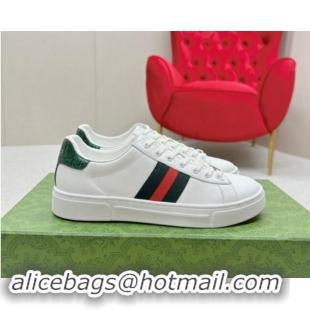 Unique Style Gucci Ace Leather Sneakers with Web White/Green 1014078