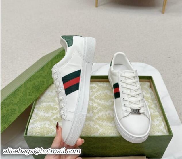 Unique Style Gucci Ace Leather Sneakers with Web White/Green 1014078