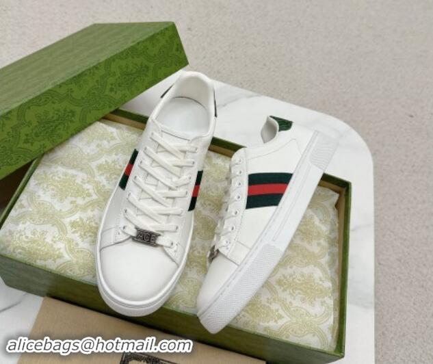 Unique Style Gucci Ace Leather Sneakers with Web White/Green 1014078