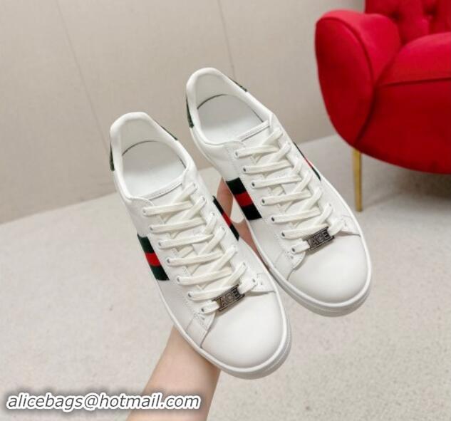 Unique Style Gucci Ace Leather Sneakers with Web White/Green 1014078