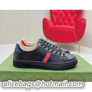 Charming Gucci Ace Leather Sneakers with Web Black 1014079