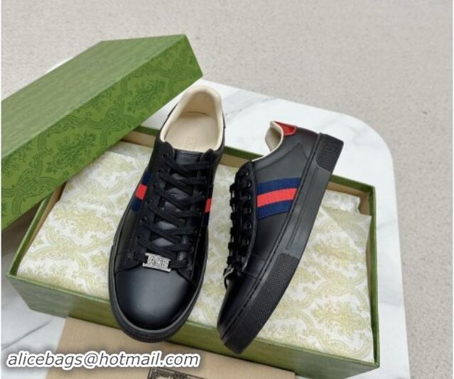 Charming Gucci Ace Leather Sneakers with Web Black 1014079