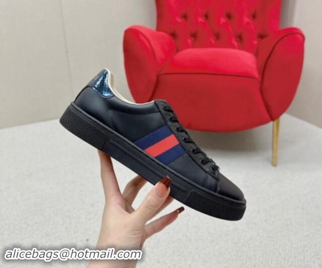 Charming Gucci Ace Leather Sneakers with Web Black 1014079