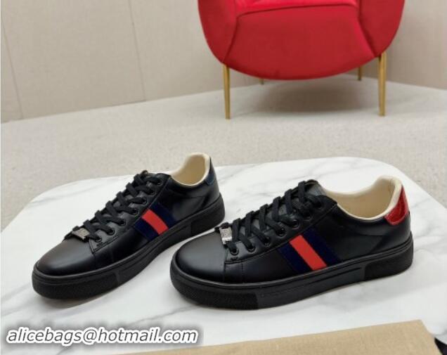 Charming Gucci Ace Leather Sneakers with Web Black 1014079