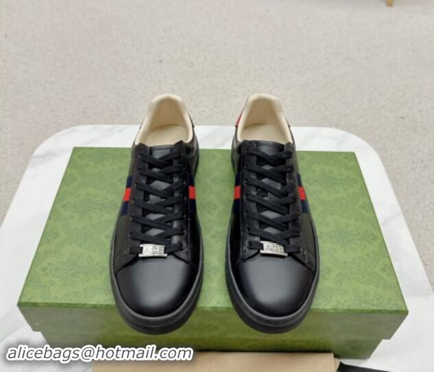 Charming Gucci Ace Leather Sneakers with Web Black 1014079