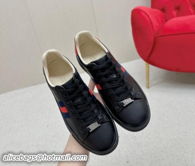 Charming Gucci Ace Leather Sneakers with Web Black 1014079