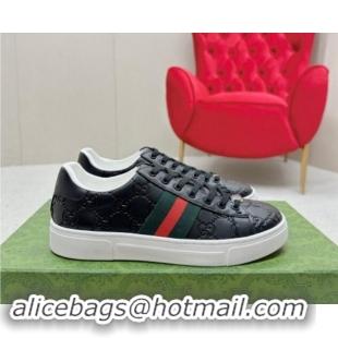 Good Product Gucci Ace Sneakers in Black GG Embossed Leather with Web 1014081