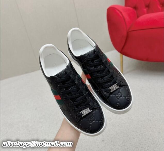 Good Product Gucci Ace Sneakers in Black GG Embossed Leather with Web 1014081