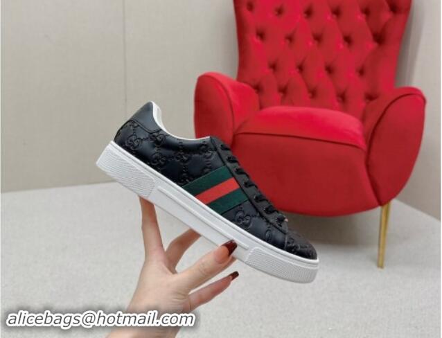 Good Product Gucci Ace Sneakers in Black GG Embossed Leather with Web 1014081