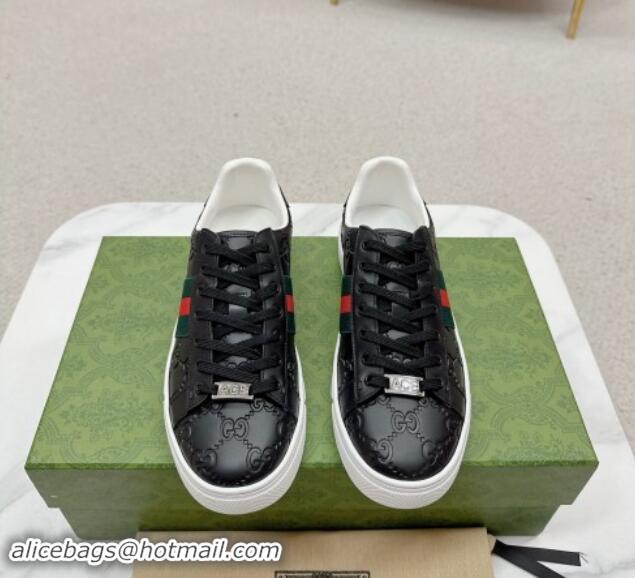 Good Product Gucci Ace Sneakers in Black GG Embossed Leather with Web 1014081