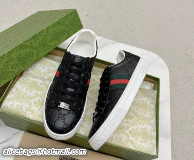 Good Product Gucci Ace Sneakers in Black GG Embossed Leather with Web 1014081