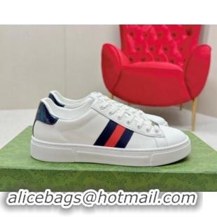 Shop Duplicate Gucci Ace Leather Sneakers with Web White/Blue 1014080