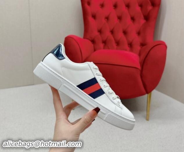 Shop Duplicate Gucci Ace Leather Sneakers with Web White/Blue 1014080