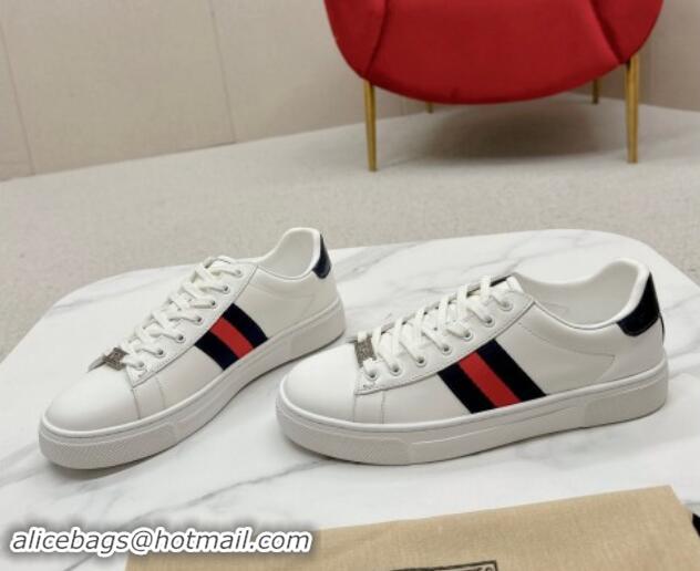 Shop Duplicate Gucci Ace Leather Sneakers with Web White/Blue 1014080