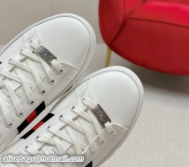 Shop Duplicate Gucci Ace Leather Sneakers with Web White/Blue 1014080