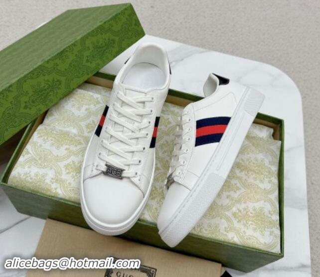 Shop Duplicate Gucci Ace Leather Sneakers with Web White/Blue 1014080