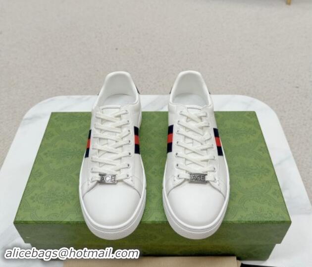 Shop Duplicate Gucci Ace Leather Sneakers with Web White/Blue 1014080